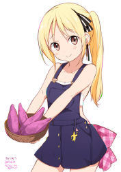 Rule 34 | 1girl, artist name, basket, blonde hair, blush, brown eyes, closed mouth, collarbone, dated, food, hair ribbon, holding, holding food, long hair, looking at viewer, manda rin, overalls, potato, ragho no erika, ribbon, signature, simple background, smile, solo, sukurizo!, white background