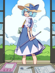 Rule 34 | 1girl, absurdres, animal, blue dress, blue eyes, blue hair, blush stickers, bug, butterfly net, cirno, detached wings, dress, eraser, fairy, fang, hand net, hat, highres, holding, holding butterfly net, ice, ice wings, kame (kamepan44231), open mouth, paper, pencil, short hair, short sleeves, skin fang, smile, solo, straw hat, sun hat, touhou, wings