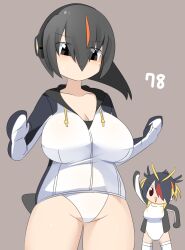 Rule 34 | 2girls, bird tail, black eyes, black hair, black jacket, breasts, cleavage, closed mouth, commentary request, cosplay, costume switch, cowboy shot, emperor penguin (kemono friends), emperor penguin (kemono friends) (cosplay), eyes visible through hair, hair between eyes, hair over one eye, headphones, highres, jacket, kemono friends, large breasts, lets0020, long bangs, looking at another, multicolored hair, multiple girls, numbered, one-piece swimsuit, open clothes, open jacket, open mouth, orange hair, red hair, rockhopper penguin (kemono friends), rockhopper penguin (kemono friends) (cosplay), short hair, smile, solo focus, streaked hair, swimsuit, tail, thighhighs, white one-piece swimsuit, white thighhighs
