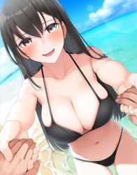 Rule 34 | 1girl, 1other, :d, beach, bikini, black bikini, black hair, blue sky, breasts, brown eyes, cleavage, collarbone, day, fed (giba), gluteal fold, large breasts, long hair, navel, ocean, open mouth, original, outdoors, outstretched arms, pov, pov hands, sky, smile, solo focus, splashing, stomach, straight hair, swimsuit, teeth, upper teeth only, water, wet