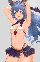 Rule 34 | 1girl, animal ears, aqua (popogori), armpits, arms up, bare arms, bare shoulders, bikini, black ribbon, blue hair, blush, breasts, brown eyes, cleavage, cleavage cutout, clothing cutout, commentary request, cowboy shot, erune, ferry (granblue fantasy), ferry (summer) (granblue fantasy), flower, granblue fantasy, grey background, hair flower, hair ornament, hair ribbon, long hair, looking at viewer, medium breasts, miniskirt, navel, open mouth, pleated skirt, ponytail, purple flower, purple skirt, ribbon, side slit, simple background, skirt, solo, stomach, swimsuit, very long hair, white bikini