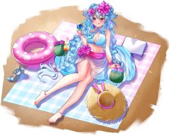 Rule 34 | + +, 1girl, akirannu, anklet, barefoot, blue hair, blush, book, border, breasts, character request, closed mouth, commentary request, copyright request, cup, double bun, drink, drinking glass, unworn eyewear, flower, food, fruit, full body, glasses, hair bun, hair flower, hair ornament, halterneck, hand up, hat, unworn headwear, heart, heart-shaped eyewear, high heels, highres, holding, holding cup, jewelry, large breasts, lemon, lemon slice, licking lips, long hair, looking at viewer, musical note, official art, open book, orange (fruit), orange slice, pink eyes, pink flower, pink innertube, pink ribbon, ribbon, sarong, shoes, unworn shoes, sitting, solo, star (symbol), straw hat, toenails, tongue, tongue out, twintails, very long hair, white border, wine glass