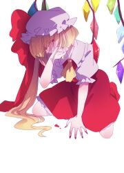 Rule 34 | 1girl, blonde hair, blood, blood from mouth, blood splatter, bow, collar, collared vest, commentary request, covering own mouth, crystal wings, eyelashes, fingernails, flandre scarlet, frilled collar, frilled hat, frilled skirt, frilled sleeves, frills, hanada hyou, hand on floor, hat, hat bow, kneeling, long hair, looking at viewer, miniskirt, mob cap, nail polish, puffy short sleeves, puffy sleeves, red bow, red eyes, red footwear, red nails, red skirt, red vest, sharp fingernails, shirt, shoes, short sleeves, side ponytail, skirt, skirt set, touhou, vest, white background, white collar, white hat, white shirt