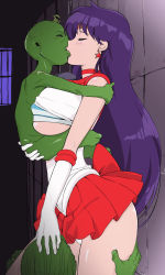 Rule 34 | 1girl, 2boys, alternate breast size, bishoujo senshi sailor moon, breasts, choker, circlet, closed eyes, clothes lift, colored skin, earrings, elbow gloves, french kiss, gloves, goblin, green skin, group sex, hajisarashi, hand on another&#039;s head, height difference, hino rei, indoors, interspecies, interspecies group, jewelry, kiss, long hair, magical girl, microskirt, miniskirt, mmf threesome, monster, monster group, monster sex, multiple boys, panties, pantyshot, pleated skirt, purple hair, red skirt, sailor mars, shirt lift, size difference, skirt, standing, star (symbol), star earrings, threesome, underboob, underwear, very long hair, white gloves, wonderful (artist)