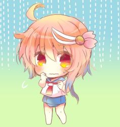 Rule 34 | 10s, 1girl, ahoge, blue one-piece swimsuit, chibi, full body, gradient background, hair ornament, i-58 (kancolle), kantai collection, kou hiyoyo, looking at viewer, neckerchief, one-piece swimsuit, orange hair, rain, red eyes, red neckerchief, school swimsuit, school uniform, serafuku, solo, standing, swimsuit, swimsuit under clothes, wavy mouth