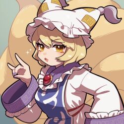 Rule 34 | 1girl, an-chan (ananna0315), animal ears, blonde hair, blue tabard, breasts, commentary request, fox ears, fox tail, grey background, hair between eyes, hand up, hat, highres, large breasts, long sleeves, mob cap, multiple tails, nail polish, open mouth, purple nails, short hair, simple background, solo, swept bangs, tabard, tail, touhou, upper body, white hat, wide sleeves, yakumo ran, yellow eyes