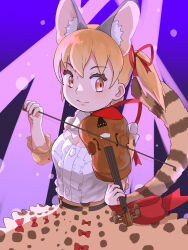 Rule 34 | 1girl, animal ears, belt, bow, bow (music), bowtie, brown eyes, brown hair, cat ears, cat girl, cat tail, extra ears, highres, holding, holding instrument, holding violin, instrument, kemono friends, kemono friends v project, large-spotted genet (kemono friends), long hair, ribbon, shirt, simple background, skirt, solo, tail, twintails, violin, virtual youtuber, y0whqzz8bkslezl