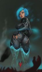 Rule 34 | 1girl, 1other, artist request, ass, ass grab, blue eyes, blue hair, bodysuit, bracelet, breasts, corpse, cuts, deep skin, digital dissolve, fingerless gloves, from behind, gloves, glowing, glowing hair, grabbing own ass, gun, hand on own ass, highres, holding, holding gun, holding weapon, injury, jewelry, lips, looking at viewer, looking back, medium breasts, neon trim, nose, nyx (quake), presenting, quake, quake champions, short hair, skin tight, smoke, smoking gun, solo focus, source request, spread ass, swept bangs, torn bodysuit, torn clothes, transparent, weapon
