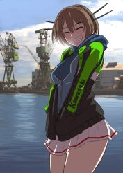 Rule 34 | 1girl, alternate costume, bad id, bad pixiv id, breasts, brown hair, cloud, cloudy sky, commentary request, eyelashes, closed eyes, grin, hair between eyes, hair ornament, hairclip, hands in pockets, happy, jacket, kantai collection, maya (kancolle), medium breasts, mikoyan, miniskirt, ocean, open clothes, open jacket, short hair, skirt, sky, smile, solo, submarine, thighs, translation request, watercraft, x hair ornament
