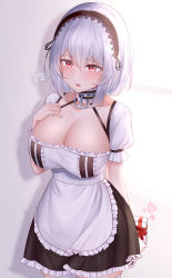 Rule 34 | 1girl, absurdres, apron, azur lane, black headwear, box, breasts, brown dress, cleavage, dress, frilled apron, frilled dress, frills, gift, gift box, hair between eyes, hand on own chest, heart, highres, holding, holding box, jyu-so, large breasts, puffy short sleeves, puffy sleeves, red eyes, short hair, short sleeves, simple background, sirius (azur lane), two-tone dress, valentine, waist apron, white apron, white background, white dress, white hair