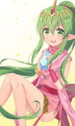 Rule 34 | 1girl, :d, absurdres, dress, fingernails, fire emblem, fire emblem: mystery of the emblem, fire emblem: shadow dragon and the blade of light, gem, gradient background, green eyes, green hair, hair between eyes, headdress, high ponytail, highres, holding, long hair, nintendo, open mouth, pink dress, pink scarf, pointy ears, ponytail, scarf, short dress, sidelocks, sitting, sleeveless, sleeveless dress, smile, solo, sparkle, tiki (fire emblem), tiki (young) (fire emblem), transistor, upper body, very long hair, white background, yellow background
