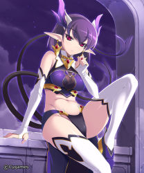 Rule 34 | 10s, 1girl, alternate color, alternate hair length, alternate hairstyle, bare shoulders, belly, boots, breasts, cygames, demon girl, demon horns, earrings, elbow gloves, fingerless gloves, gloves, high heels, horns, jewelry, large breasts, lilim liz, mel/a, midriff, multiple tails, navel, pointy ears, purple hair, red eyes, shingeki no bahamut, shoes, short hair, sitting, solo, tail, thigh boots, thighhighs, white thighhighs