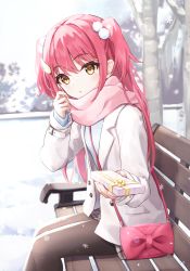 Rule 34 | 1girl, bag, bench, blue sweater, blush, box, box of chocolates, brown eyes, commentary request, gift, handbag, highres, holding, holding gift, jacket, long hair, long sleeves, looking at viewer, open clothes, open jacket, original, outdoors, pantyhose, pink scarf, plaid, plaid skirt, red hair, scarf, sitting, skirt, snowing, solo, sweater, two side up, valentine, white jacket, yazi114