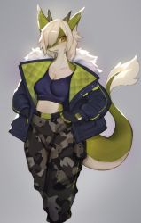 Rule 34 | 1girl, absurdres, animal ear fluff, animal ears, belt, black gloves, black pants, breasts, camouflage, cargo pants, character request, cleavage, colored skin, copyright request, crop top, cropped legs, fingerless gloves, furry, furry female, gloves, green skin, grey background, hair over one eye, highres, horns, jacket, looking at viewer, medium breasts, medium hair, midriff, navel, one eye covered, open clothes, open jacket, pants, platinum blonde hair, simple background, solo, sports bra, symbol-only commentary, tail, uyu (soda uyu)