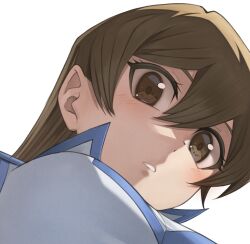 Rule 34 | 1girl, blush, breasts, brown eyes, brown hair, close-up, duel academy uniform (yu-gi-oh! gx), from below, hair between eyes, jacket, large breasts, long hair, looking at viewer, parted lips, popped collar, portrait, rourou ill, solo, straight hair, tenjouin asuka, upper body, white background, white jacket, yu-gi-oh!, yu-gi-oh! gx