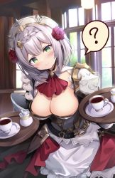 Rule 34 | 1girl, ?, apron, armor, armored dress, ascot, belt, blush, braid, braided bangs, breasts, buckle, cleavage, closed mouth, dress, eyelashes, flower, food, frilled apron, frills, gauntlets, genshin impact, green eyes, grey hair, hair flower, hair ornament, head tilt, headpiece, highres, hyurasan, large breasts, long sleeves, looking at viewer, maid, maid headdress, noelle (genshin impact), pancake, pauldrons, plate, pot, red ascot, red flower, red rose, rose, saucer, short hair, shoulder armor, sidelocks, smile, solo, spoken question mark, spoon, standing, tray, waist apron, white apron, white dress, window