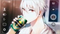 Rule 34 | 1boy, camera, can, cheritz, drinking, hair between eyes, hair tie, holding, holding can, long hair, looking at viewer, low ponytail, male focus, official art, red eyes, solo, susanghan messenger, third-party source, viewfinder, white hair, zen (susanghan messenger)