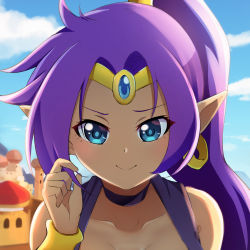 Rule 34 | 1girl, absurdres, middle eastern architecture, atari323, bare shoulders, blue eyes, blue sky, closed mouth, cloud, cloudy sky, dark-skinned female, dark skin, day, earrings, female focus, highres, jewelry, looking at viewer, pointy ears, ponytail, purple hair, shantae, shantae (series), sky, smile, solo, tiara