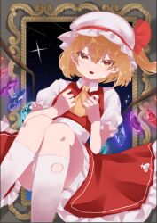 Rule 34 | 1girl, ascot, blonde hair, crystal, dress, flandre scarlet, full body, hat, medium hair, mob cap, open mouth, picture frame, red dress, red eyes, rokka (rokka937), sitting, solo, sparkle, thighhighs, touhou, yellow ascot
