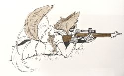 Rule 34 | 1girl, aiming, animal ears, from side, grass, gun, heart, hhhori, highres, limited palette, lying, mask, monster girl, on stomach, original, rifle, signature, sniper rifle, solo, tail, tail wagging, weapon, wolf ears, wolf tail
