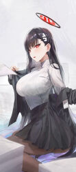 Rule 34 | 1girl, absurdres, black hair, black jacket, black pantyhose, black skirt, blanc (whit blanc), blue archive, blurry, blush, breasts, depth of field, halo, highres, jacket, jacket partially removed, large breasts, looking at viewer, looking to the side, pantyhose, pile of paper, red eyes, rio (blue archive), sitting, skirt, solo, straight hair, sweater, sweater tucked in, white sweater
