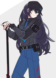 Rule 34 | 1boy, black gloves, black hair, black shirt, black vest, blood, blood on clothes, blue necktie, blue pants, blush, closed mouth, collared shirt, cowboy shot, fingerless gloves, gloves, heterochromia, highres, holding, holding weapon, hong lu (project moon), limbus company, long hair, long sleeves, looking to the side, necktie, pants, project moon, shiki (shikki46), shirt, smile, solo, standing, very long hair, vest, weapon