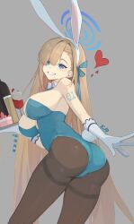 Rule 34 | 1girl, animal ears, ass, asuna (blue archive), asuna (bunny) (blue archive), bare shoulders, blue archive, blue eyes, blue leotard, blush, bow, bowtie, breasts, cup, detached collar, drinking glass, fake animal ears, gloves, hair over one eye, halo, highleg, highleg leotard, highres, holding, large breasts, leotard, light brown hair, long hair, looking at viewer, official alternate costume, pantyhose, playboy bunny, rabbit ears, rabbit tail, simple background, smile, solo, strapless, strapless leotard, tail, traditional bowtie, white gloves, xiluo qian xi