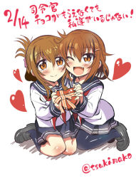 Rule 34 | 10s, 2girls, blush, brown eyes, brown hair, dated, fang, folded ponytail, gift, hair ornament, hairclip, heart, ikazuchi (kancolle), inazuma (kancolle), incoming gift, kantai collection, kneehighs, loafers, long hair, multiple girls, neckerchief, one eye closed, open mouth, pantyhose, personification, pov, red neckerchief, school uniform, serafuku, shoes, short hair, skirt, smile, socks, tsukishima makoto, twitter username, valentine, wink