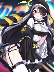 Rule 34 | 1girl, absurdres, black dress, black hair, black veil, blue archive, blurry, blurry background, blush, breasts, cleavage cutout, clothing cutout, commentary request, cowboy shot, dress, hair over one eye, halo, highres, hinata (blue archive), hiroshi (hunter-of-kct), long hair, long sleeves, looking at viewer, medium breasts, nun, one eye covered, open mouth, red eyes, solo, thighhighs, thighs, veil, white thighhighs, yellow halo