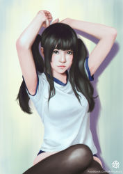 Rule 34 | 1girl, absurdres, arms up, artist logo, artist name, black hair, black thighhighs, breasts, brown eyes, closed mouth, facebook username, highres, legs together, lips, long hair, looking at viewer, medium breasts, nose, original, over-kneehighs, photo-referenced, shirt, short sleeves, sitting, solo, strigi signum, thighhighs, twintails, upper body, watermark, web address, white shirt