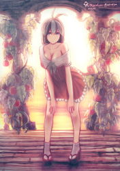 Rule 34 | 1girl, antenna hair, arch, arm support, breasts, cleavage, female focus, full body, gradient background, green eyes, green hair, large breasts, light smile, matching hair/eyes, nature, off shoulder, original, outdoors, plant, platform footwear, robce lee, short hair, solo, tomato