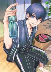 Rule 34 | 1boy, ahoge, blue eyes, blue hair, blue kimono, blue lock, bottle, cowboy shot, cst, food, fruit, grin, hand up, holding, holding bottle, isagi yoichi, japanese clothes, kimono, looking at viewer, male focus, one eye closed, plate, ramune, short hair, sitting, smile, solo, teeth, watermelon, watermelon slice, wide sleeves