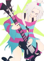Rule 34 | 10s, 1girl, bare shoulders, bass guitar, blue eyes, boots, combat boots, creatures (company), dress, flat chest, freckles, game freak, grin, guitar, gym leader, hair bobbles, hair ornament, hanpetos, holding, image sample, instrument, knee boots, long sleeves, looking at viewer, md5 mismatch, moguri, music, nail polish, nintendo, off shoulder, playing instrument, plectrum, pokemon, pokemon bw2, ponytail, resized, roxie (pokemon), short dress, short hair, signature, smile, solo, spiked hair, spread legs, standing, striped clothes, striped dress, topknot, torn clothes, torn dress, tumblr sample, white hair, wide sleeves