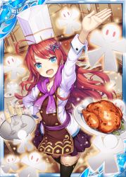 Rule 34 | 1girl, :d, akkijin, blue eyes, blue ribbon, breasts, card (medium), chef, chef hat, chef, chicken (food), cup, drinking glass, food, frilled skirt, frills, glass, glowing, hair ornament, hand up, hat, indoors, long hair, looking at viewer, looking up, medium breasts, official art, open mouth, plate, red hair, ribbon, shikigami, shinkai no valkyrie, skirt, smile, table, thighhighs
