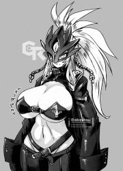 1girl akeikou alternate_hairstyle artist_logo beelstarmon bra breasts coat cowboy_shot digimon digimon_(creature) eye_mask grey_background greyscale high_ponytail highres huge_breasts logo long_hair monochrome open_clothes open_coat pants simple_background solo third_eye twitter_username underwear watermark