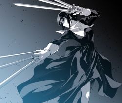 Rule 34 | 1girl, black dress, blue eyes, ciel (tsukihime), cowboy shot, dress, fighting stance, highres, holding, holding knife, ishiyumi, knife, looking back, looking down, monochrome, solo, spot color, tsukihime