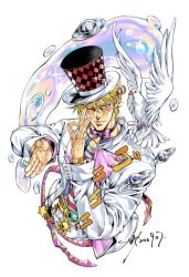 Rule 34 | 1boy, araki hirohiko (style), argyle, battle tendency, belt, bird, blonde hair, bow, bowtie, bubble, caesar anthonio zeppeli, closed mouth, commentary, cropped torso, dove, eyebrows hidden by hair, fabulous, facial mark, hair between eyes, hair ornament, hat, hydrokinesis, jojo no kimyou na bouken, jojo pose, lapels, layered clothes, light smile, long sleeves, looking at viewer, male focus, multicolored shirt, official style, ok sign, one eye closed, parody, pink bow, pink bowtie, sashiyu, shirt, short hair, signature, simple background, solo, sound effects, sparkle, striped clothes, striped shirt, style parody, symbol-only commentary, top hat, triangle print, upper body, watch, water, white background, wristwatch