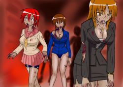 Rule 34 | 3girls, bite marks, blood, breasts, brown hair, cleavage, empty eyes, gradient background, highres, large breasts, multiple girls, open mouth, red hair, school uniform, serafuku, source request, stain, torn clothes, walking, zombie