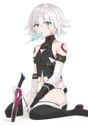 Rule 34 | 1girl, a (nanananaaannaa), arm belt, bad id, bad pixiv id, bandaged arm, bandages, bare shoulders, belt, belt buckle, between legs, black footwear, black gloves, black panties, black shirt, boots, brown belt, buckle, collarbone, dagger, facial scar, fate/apocrypha, fate (series), fingerless gloves, food, food in mouth, from below, full body, gloves, green eyes, hair between eyes, halterneck, highres, jack the ripper (fate/apocrypha), knife, looking at viewer, mouth hold, navel, panties, planted, planted knife, planted weapon, popsicle, scar, scar across eye, scar on cheek, scar on face, shirt, short hair, silver hair, simple background, single glove, sitting, sleeveless, sleeveless shirt, solo, sweat, tattoo, thigh boots, thighhighs, turtleneck, underwear, wariza, weapon, white background