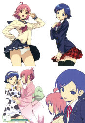 Rule 34 | 2girls, :p, absurdres, ahoge, animal print, blush stickers, cow print, detached sleeves, drawing on another&#039;s face, hair ornament, hairclip, highres, japanese clothes, kimono, koutaro, multiple girls, one eye closed, panties, school uniform, thighhighs, tongue, tongue out, underwear, v, wink, zettai ryouiki
