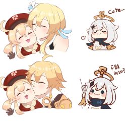 Rule 34 | 1boy, 3girls, ^ ^, ^o^, aether (genshin impact), ahoge, blonde hair, blush stickers, cabbie hat, calling, chibi, closed eyes, commentary, earrings, english commentary, english text, flower, genshin impact, hair between eyes, hair flower, hair ornament, halo, hat, highres, holding, holding phone, jewelry, julydelic, kiss, kissing cheek, klee (genshin impact), long hair, long sleeves, low twintails, lumine (genshin impact), mechanical halo, multiple girls, paimon (genshin impact), phone, pointy ears, short hair, sidelocks, sketch, talking on phone, twintails, white hair