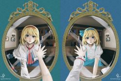 Rule 34 | 1girl, alice margatroid, alice margatroid (pc-98), blonde hair, blue dress, blue eyes, blue hairband, book, bookshelf, bow, capelet, commentary request, couch, different reflection, dress, female pov, grimoire of alice, hair bow, hair ornament, hairband, hand on mirror, highres, hoshiringo0902, lamp, lipstick, looking at mirror, makeup, mirror, nail polish, pov, red hairband, reflection, short hair, skirt, solo, suspenders, touhou, touhou (pc-98), aged down