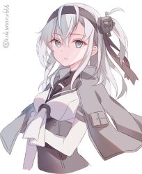 Rule 34 | 1girl, black headband, black sailor collar, bodysuit, breasts, grey eyes, grey hair, hair between eyes, headband, highres, kantai collection, kukimaru, long hair, one-hour drawing challenge, one side up, open mouth, sailor collar, simple background, small breasts, solo, suzutsuki (kancolle), twitter username, upper body, white background, white bodysuit