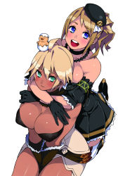 Rule 34 | 23 (real xxiii), 2girls, :d, animal, animal on head, aqua eyes, arms around neck, bare shoulders, bird, blonde hair, blue eyes, blush, breast press, breasts, chick, cleavage, collarbone, couple, dark-skinned female, dark skin, egg, elbow gloves, fantasy earth zero, gloves, green eyes, hat, highres, hug, jewelry, large breasts, looking at viewer, multiple girls, necklace, on head, open mouth, original, pink background, ponytail, revision, sela (23), short hair, silver hair, simple background, smile, thighhighs, ursula (23), v arms, white background, white legwear