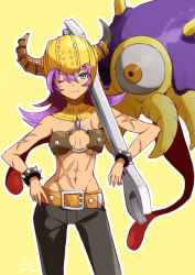 Rule 34 | 1girl, ;), abs, ameruda, bare shoulders, belt, belt buckle, black pants, blue eyes, bracelet, breasts, buckle, closed mouth, cowboy shot, dragon quest, dragon quest builders, eyebrows, fake horns, groin, hair between eyes, hand on own hip, helmet, horned helmet, horns, io naomichi, jewelry, legs apart, long hair, medium breasts, midriff, muscular, muscular female, navel, o-ring, o-ring top, one eye closed, orange belt, outline, over shoulder, pants, purple hair, scar, smile, solo, spiked bracelet, spikes, standing, stomach, underboob, white outline, wrench, yellow background