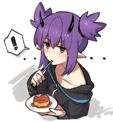 Rule 34 | !, 1girl, arknights, black shirt, blush, closed mouth, collarbone, cropped torso, food, hair between eyes, hands up, holding, holding plate, horns, lava (arknights), looking at viewer, mabing, plate, pointy ears, pudding, purple eyes, purple hair, shirt, solo, spoken exclamation mark, twintails, upper body, utensil in mouth, v-shaped eyebrows, white background