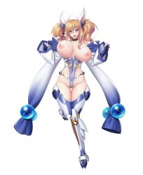 Rule 34 | 1girl, aoi nagisa (metalder), bare shoulders, beads, blonde hair, blue eyes, blue gloves, blush, breasts, choker, collarbone, covered navel, curvy, detached sleeves, female focus, fingerless gloves, full body, furrowed brow, gloves, gluteal fold, groin, hair between eyes, hair ornament, half-closed eyes, hands up, highleg, highleg leotard, highres, impossible clothes, large breasts, leg up, leotard, lilith-soft, lips, long hair, looking at viewer, mechanical legs, nipples, official art, onizaki kirara, open mouth, partially fingerless gloves, shiny clothes, shiny skin, simple background, solo, standing, stomach, taimanin (series), taimanin rpgx, thighhighs, twintails, white background, wide sleeves