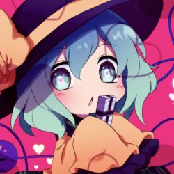 Rule 34 | 1girl, bad id, bad twitter id, black hat, bow, box, frilled sleeves, frills, gift, gift box, green eyes, green hair, hat, hat bow, heart, heart-shaped pupils, holding, holding gift, komeiji koishi, long sleeves, looking at viewer, open mouth, pink background, shirt, short hair, simple background, sleeves past fingers, sleeves past wrists, solo, symbol-shaped pupils, third eye, touhou, upper body, wide sleeves, yellow bow, yellow shirt, you (noanoamoemoe)