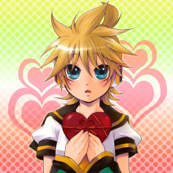 Rule 34 | 1boy, blonde hair, blue eyes, box, detached sleeves, gift, headset, heart, heart-shaped box, holding, holding gift, kagamine len, male focus, necktie, ribbon, solo, vocaloid, yomorin