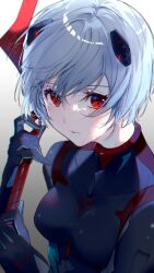Rule 34 | 1girl, ayanami rei, blue hair, blush, bodysuit, closed mouth, evangelion: 3.0+1.0 thrice upon a time, grey background, hair between eyes, holding, holding weapon, light blue hair, looking at viewer, miwano rag, multicolored background, neon genesis evangelion, plugsuit, rebuild of evangelion, red eyes, short hair, solo, weapon, white background